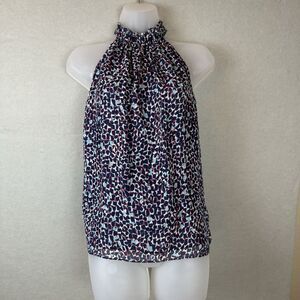Ramy Brook High Neck Halter Tank Top XS Navy And Pink Flowy 100%‎ Silk
